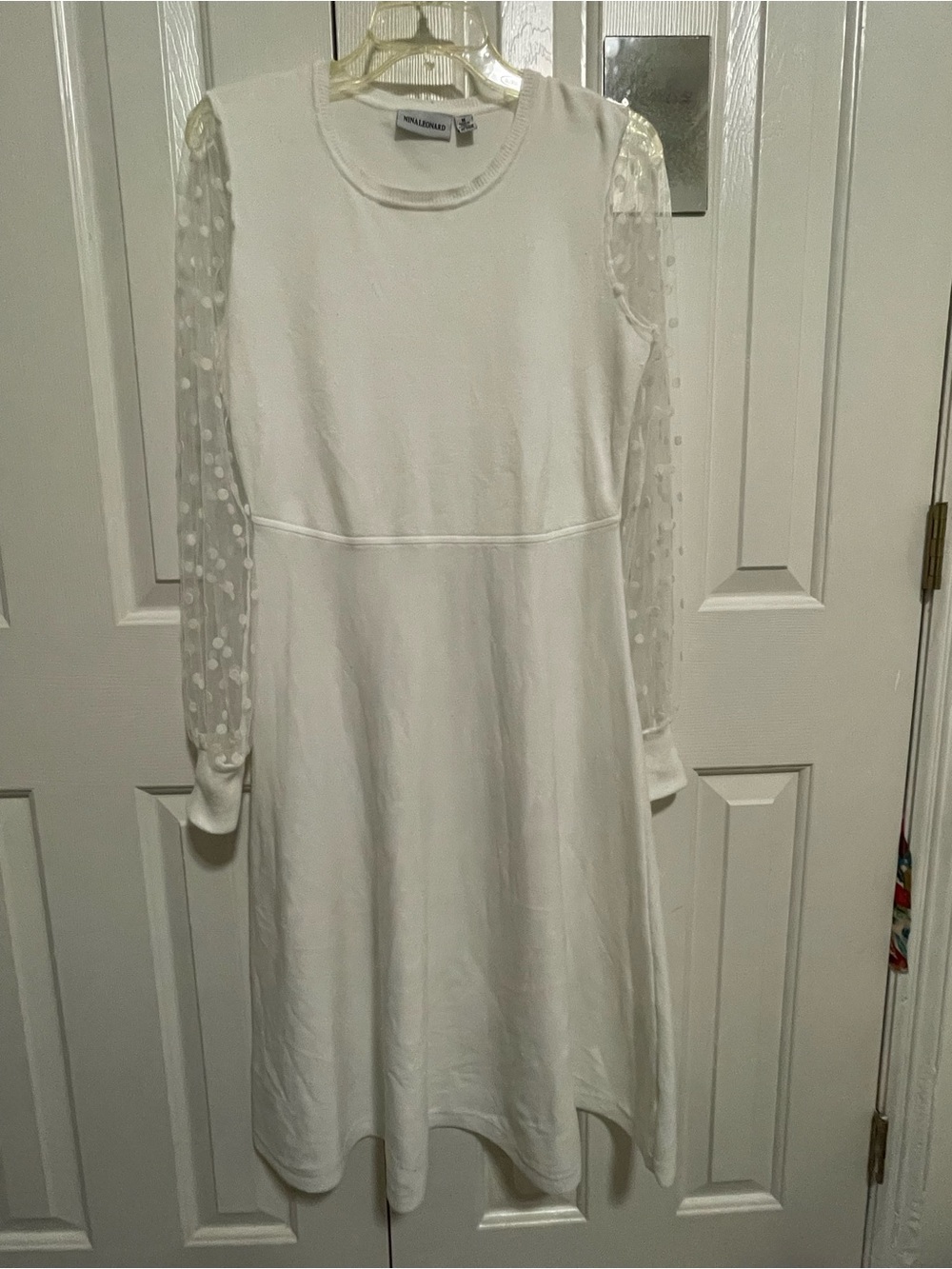 Nina Leonard Ivory Midi Dress with Sheer Polka-Dot Sleeves - Picture 6 of 7